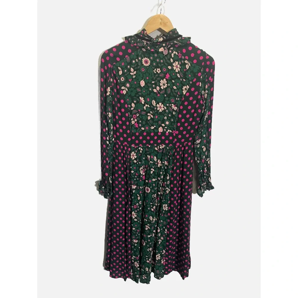 Boden Midi Dress Women 6R Green Pink Floral Polka Dot Mixed Print Boho Romantic - Picture 5 of 5